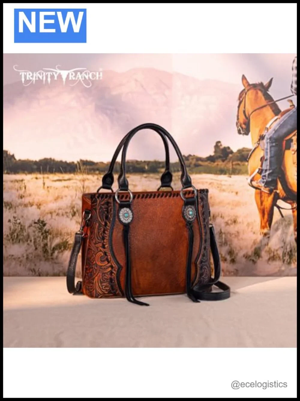 Faux Leather Western Tote with Floral Tooling Adjustable Crossbody Strap